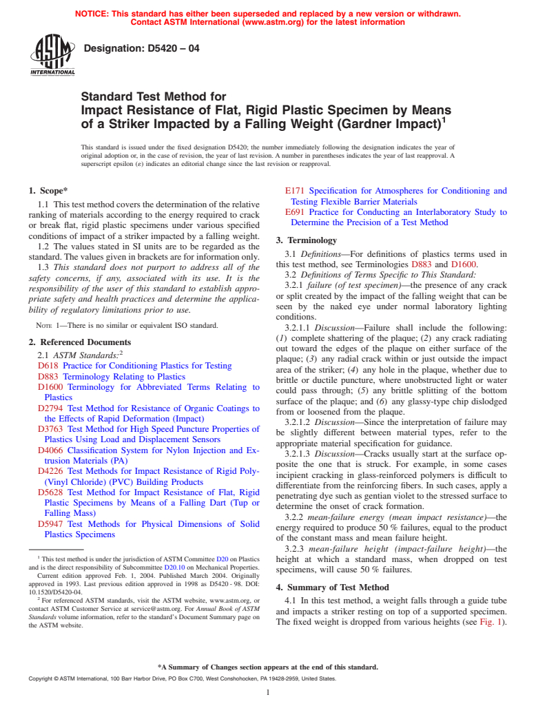 ASTM D5420-04 - Standard Test Method for Impact Resistance of Flat, Rigid Plastic Specimen by Means of a Striker Impacted by a Falling Weight (Gardner Impact)