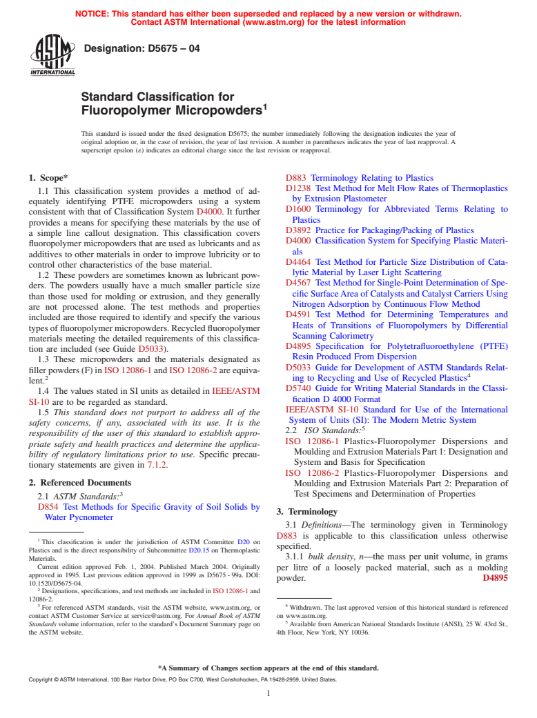 ASTM D5675-04 - Standard Specification for Fluoropolymer Micropowders