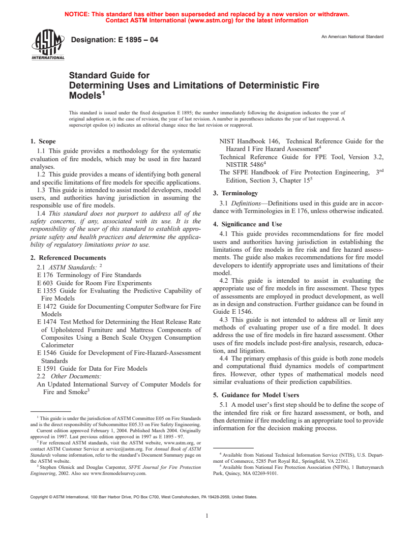 ASTM E1895-04 - Standard Guide for Determining Uses and Limitations of Deterministic Fire Models