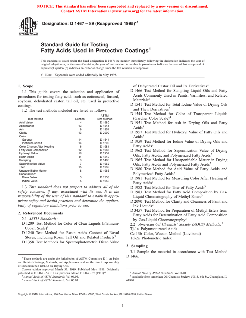 ASTM D1467-89(1995)e1 - Standard Guide for Testing Fatty Acids Used in Protective Coatings (Withdrawn 2003)
