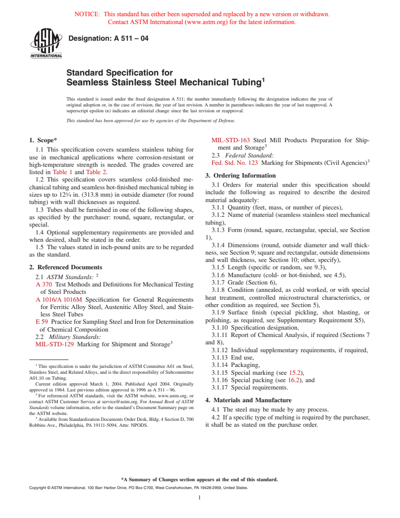 ASTM A511-04 - Standard Specification for Seamless Stainless Steel Mechanical Tubing