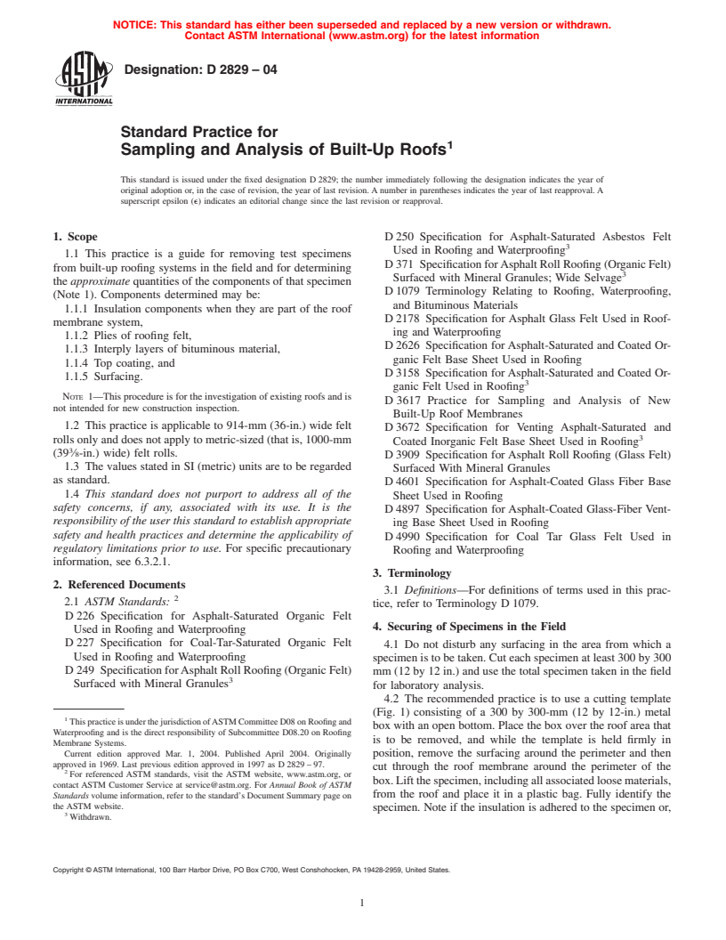 ASTM D2829-04 - Standard Practice for Sampling and Analysis of Built-Up Roofs