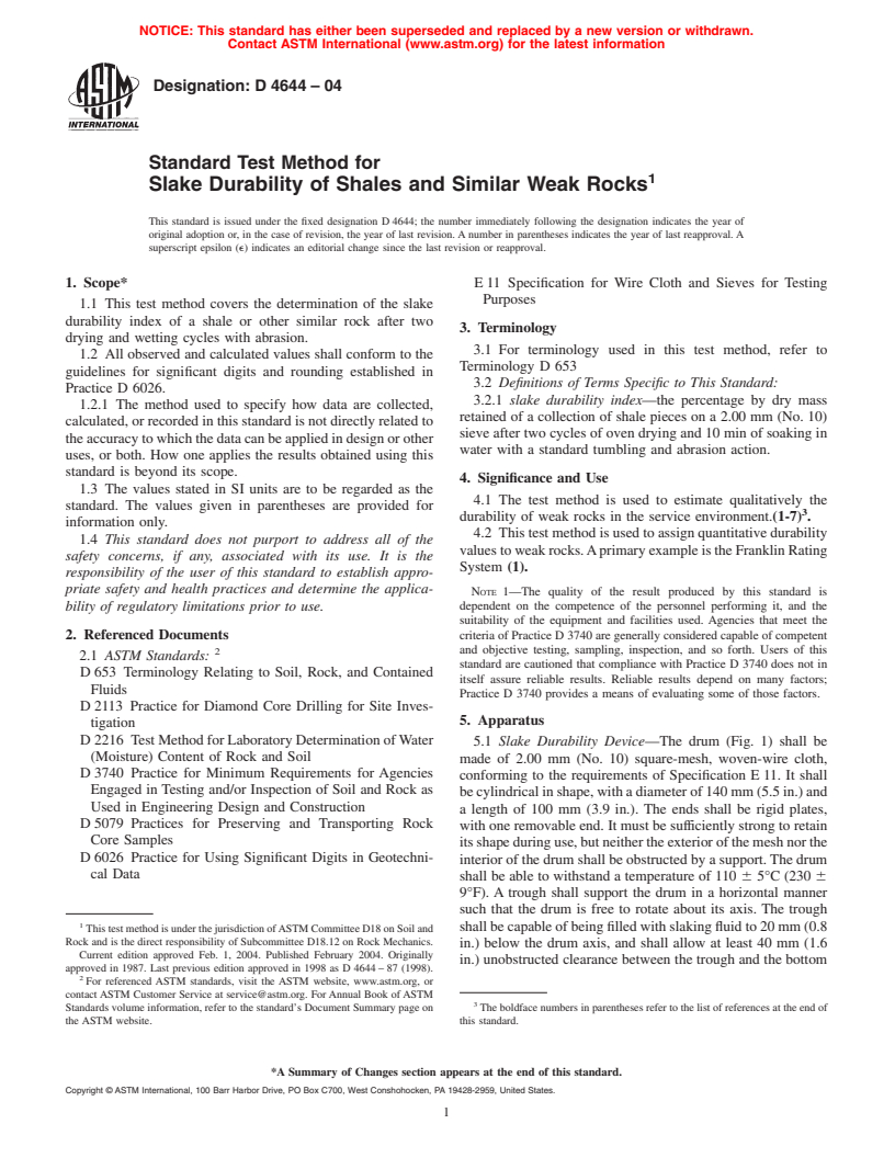 ASTM D4644-04 - Standard Test Method for Slake Durability of Shales and Similar Weak Rocks