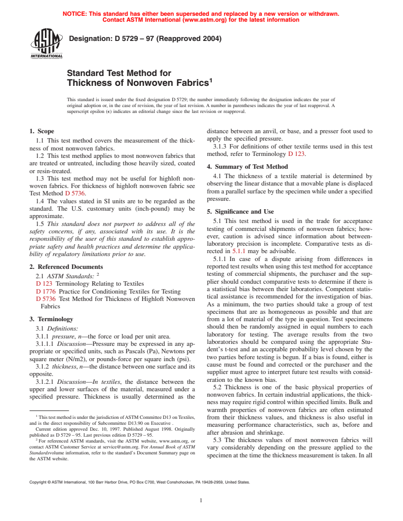 ASTM D5729-97(2004) - Standard Test Method for Thickness of Nonwoven Fabrics