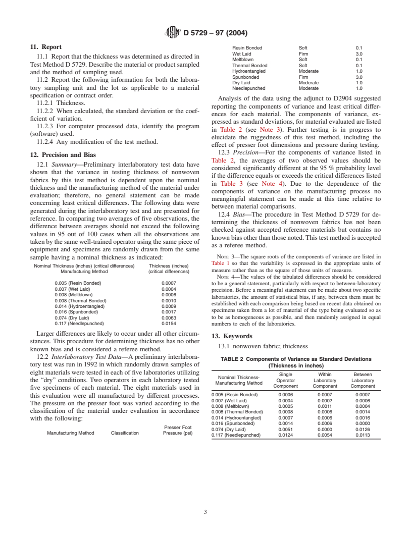 ASTM D5729-97(2004) - Standard Test Method for Thickness of Nonwoven Fabrics