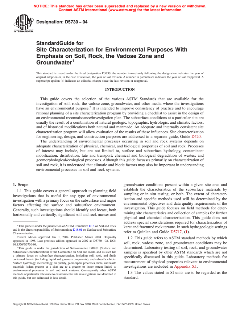 ASTM D5730-04 - Standard Guide for  Site Characterization for Environmental Purposes With Emphasis on Soil, Rock, the Vadose Zone and Groundwater (Withdrawn 2013)