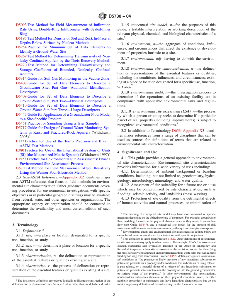 ASTM D5730-04 - Standard Guide for  Site Characterization for Environmental Purposes With Emphasis on Soil, Rock, the Vadose Zone and Groundwater (Withdrawn 2013)