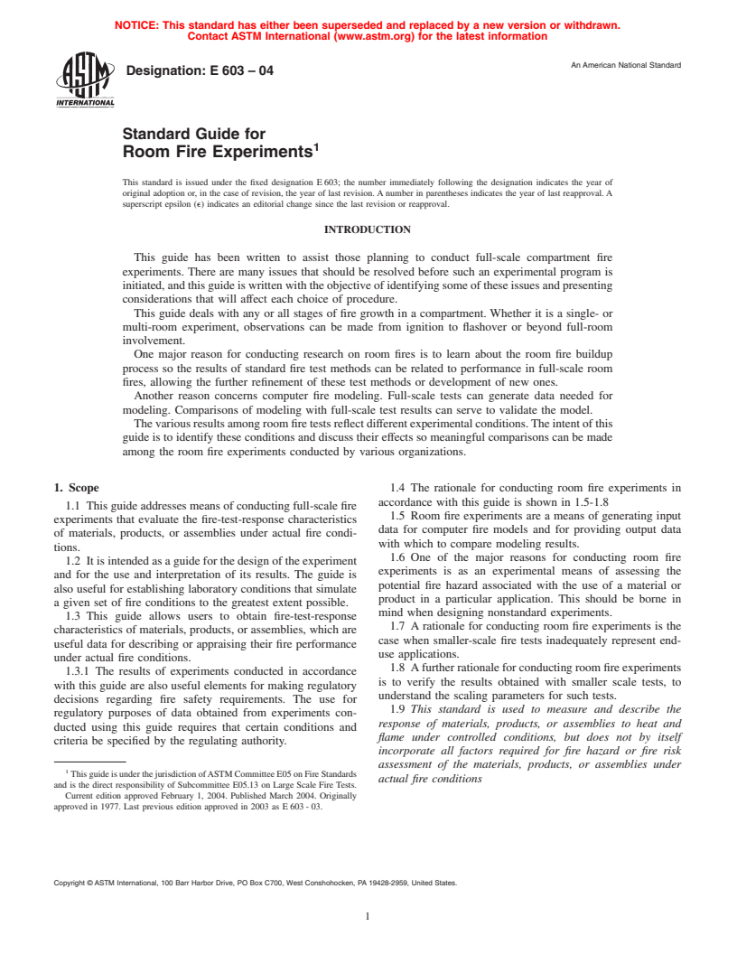 ASTM E603-04 - Standard Guide for Room Fire Experiments