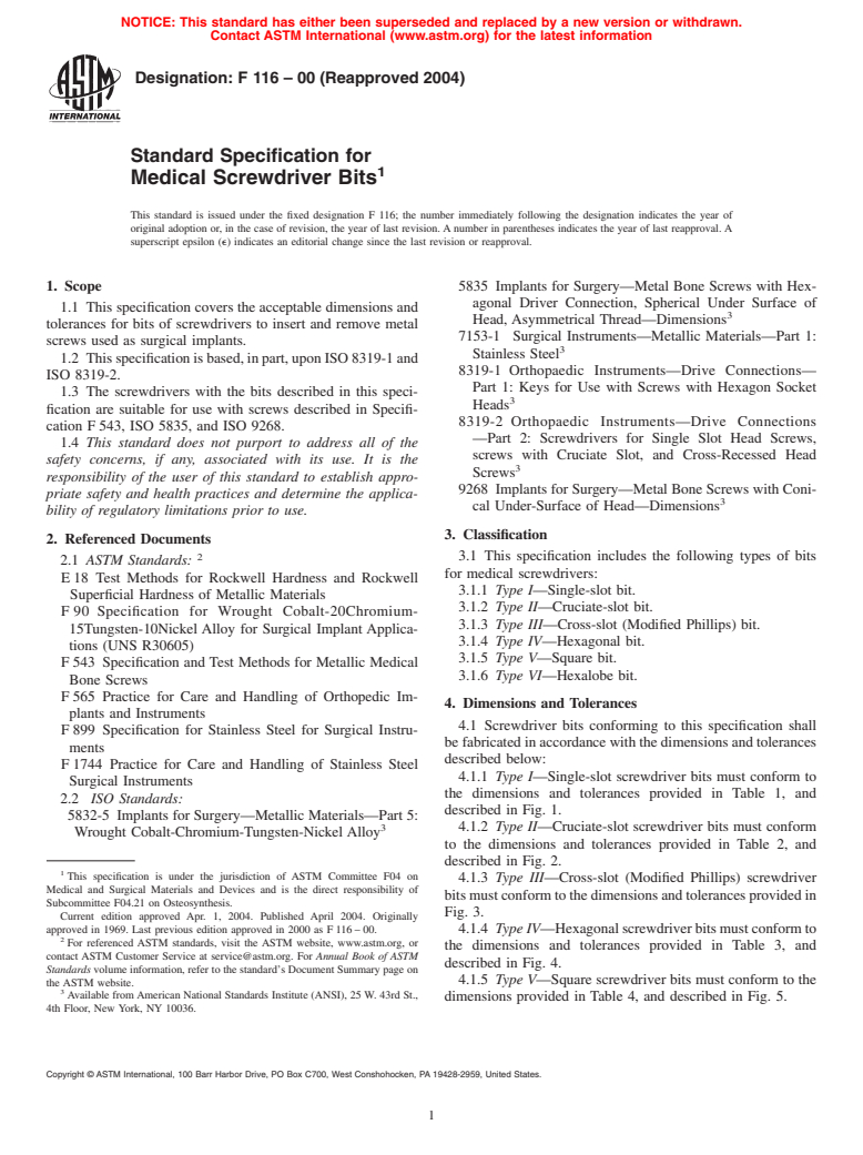 ASTM F116-00(2004) - Standard Specification for Medical Screwdriver Bits