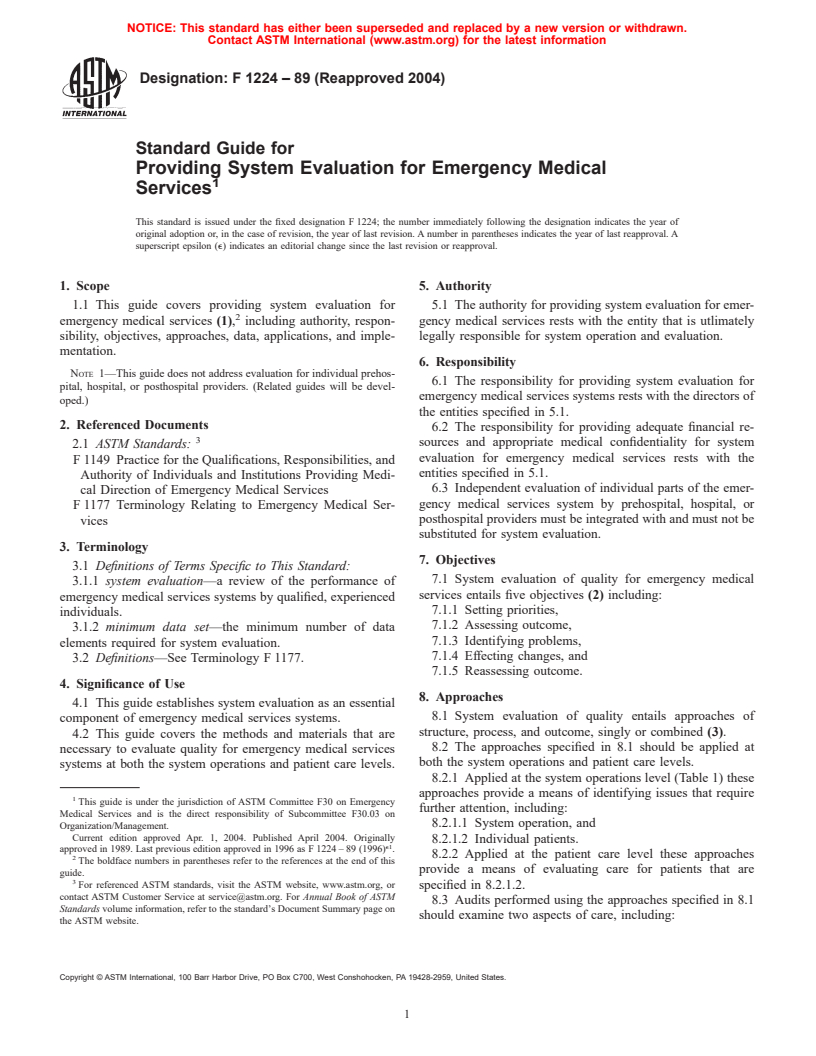 ASTM F1224-89(2004) - Standard Guide for Providing System Evaluation for Emergency Medical Services