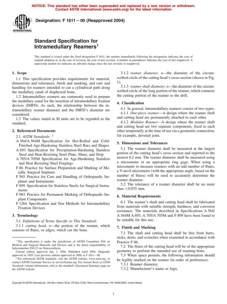 ASTM F1611-00(2004) - Standard Specification for Intramedullary Reamers