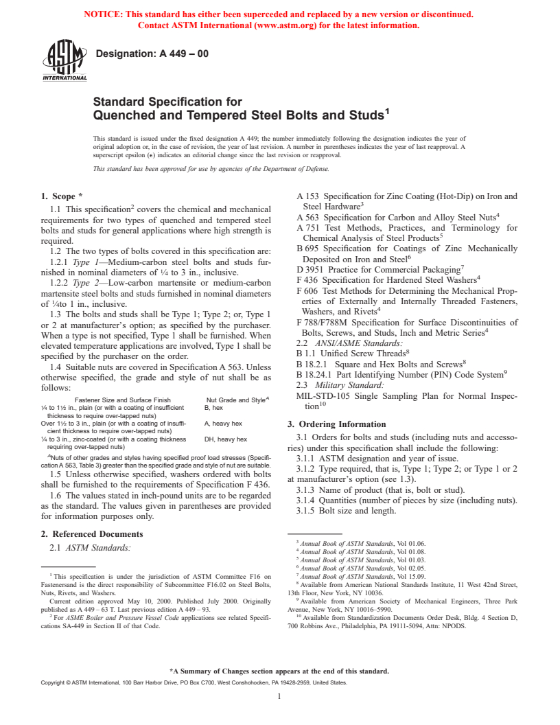 ASTM A449-00 - Standard Specification for Quenched and Tempered Steel Bolts and Studs