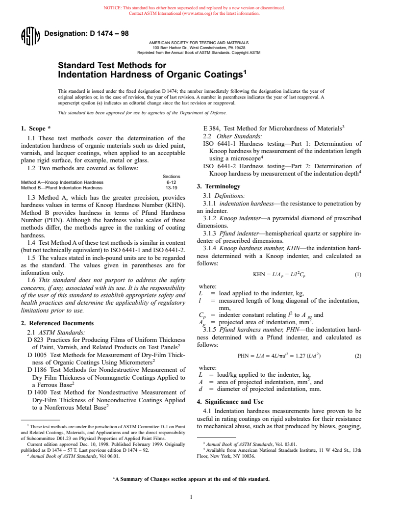 ASTM D1474-98 - Standard Test Methods for Indentation Hardness of Organic Coatings