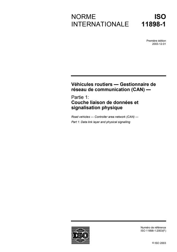 ISO 11898-1:2003 - Véhicules routiers -- Gestionnaire de réseau de communication (CAN)