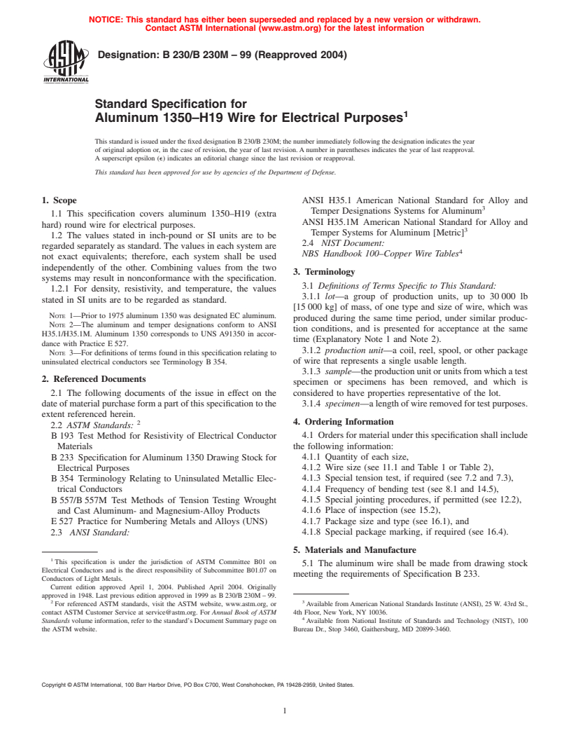 ASTM B230/B230M-99(2004) - Standard Specification for Aluminum 1350-H19 Wire for Electrical Purposes