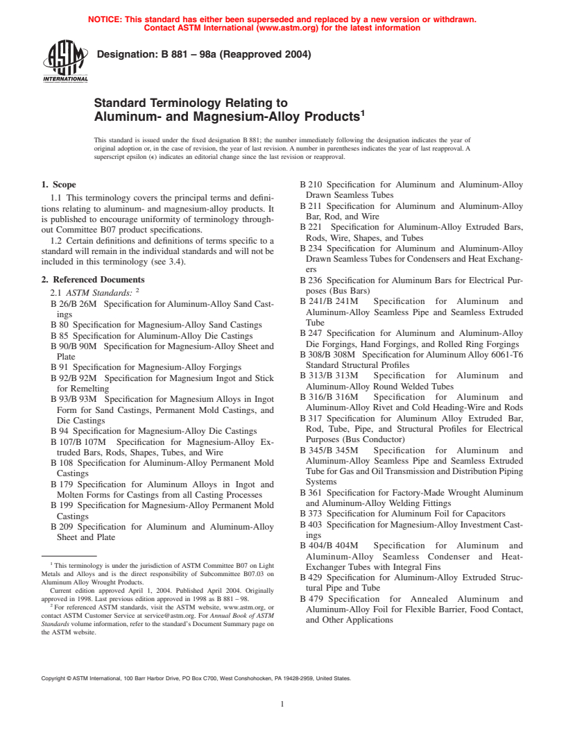 ASTM B881-98a(2004) - Standard Terminology Relating to Aluminum- and Magnesium- Alloy Products