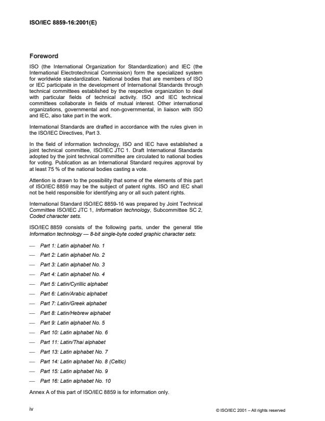 ISO/IEC 8859-16:2001 ISO/IEC 8859-16:2001 - Information technology -- 8-bit single-byte coded graphic character sets - Page 4 preview