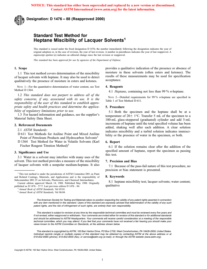 ASTM D1476-88(2000) - Standard Test Method for Heptane Miscibility of Lacquer Solvents