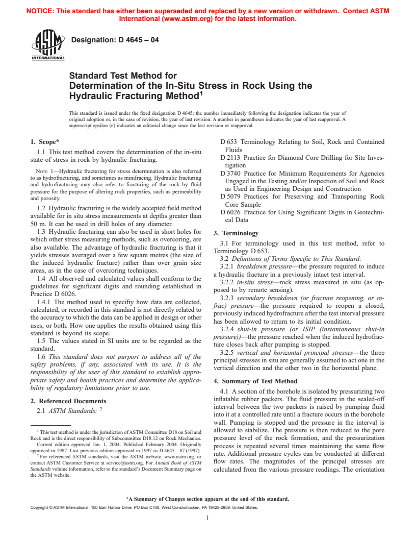 ASTM D4645-04 - Standard Test Method for Determination of the In-Situ Stress in Rock Using the Hydraulic Fracturing Method