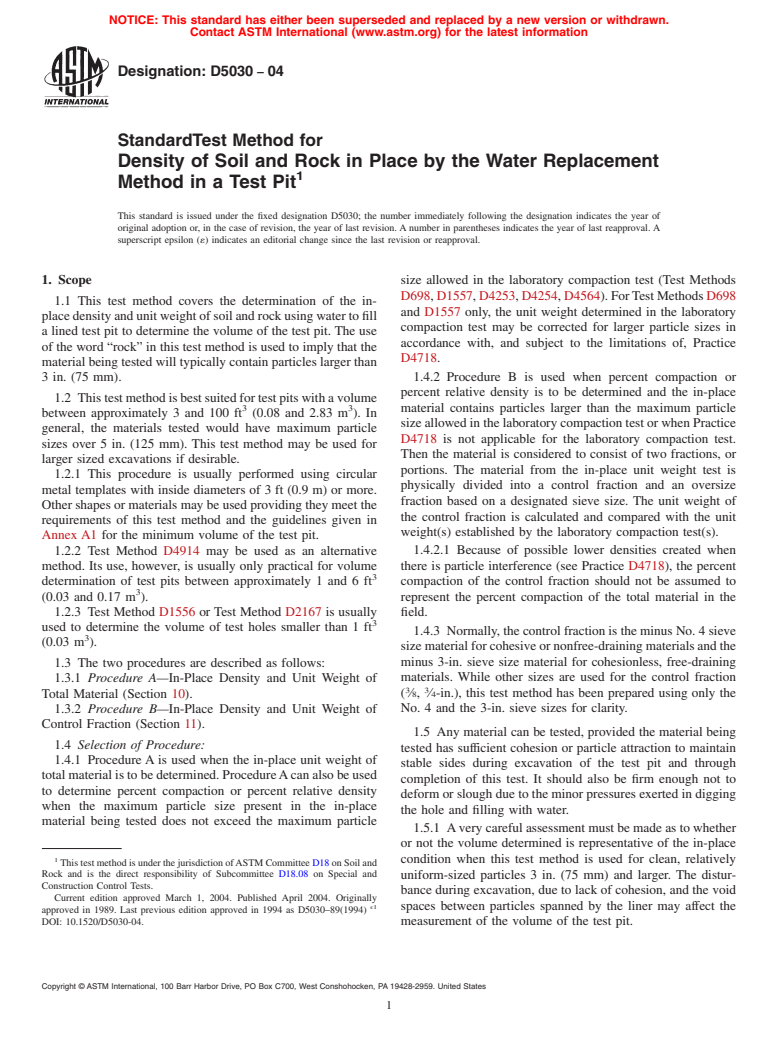 ASTM D5030-04 - Standard Test Method for Density of Soil and Rock in Place by the Water Replacement Method in a Test Pit