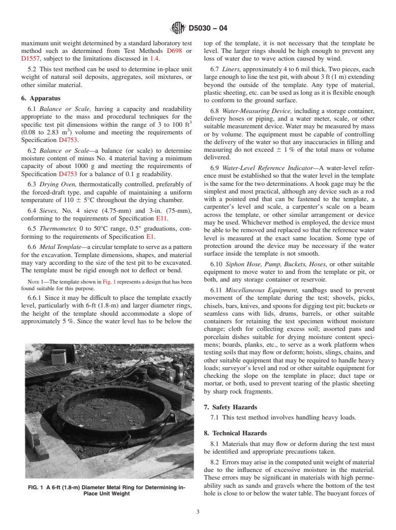 ASTM D5030-04 - Standard Test Method for Density of Soil and Rock in Place by the Water Replacement Method in a Test Pit