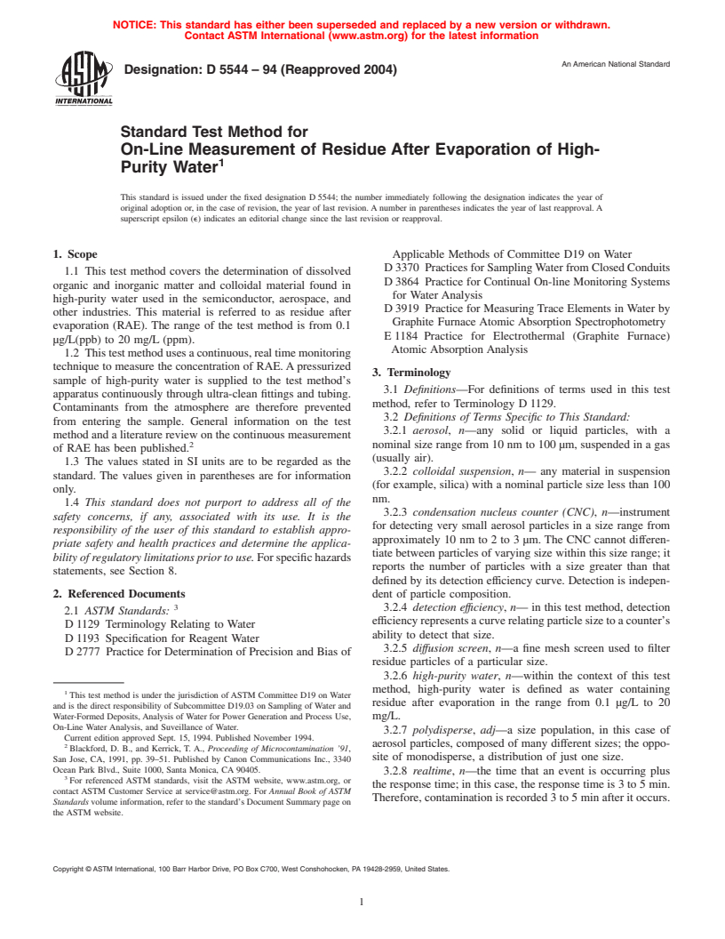 ASTM D5544-94(2004) - Standard Test Method for On-Line Measurement of Residue After Evaporation of High-Purity Water