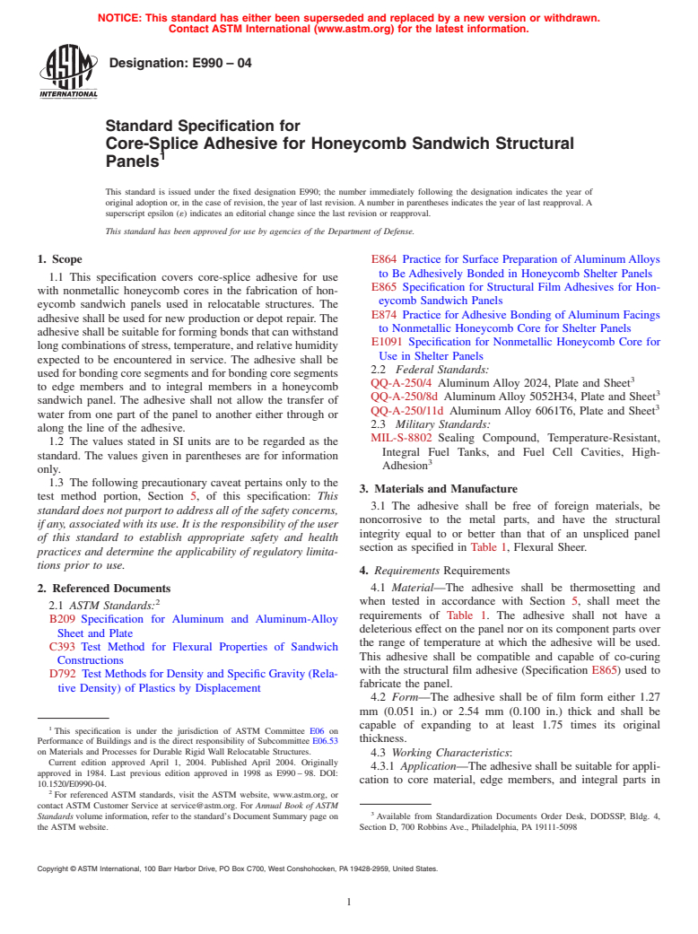 ASTM E990-04 - Standard Specification for Core-Splice Adhesive for Honeycomb Sandwich Shelter Panels