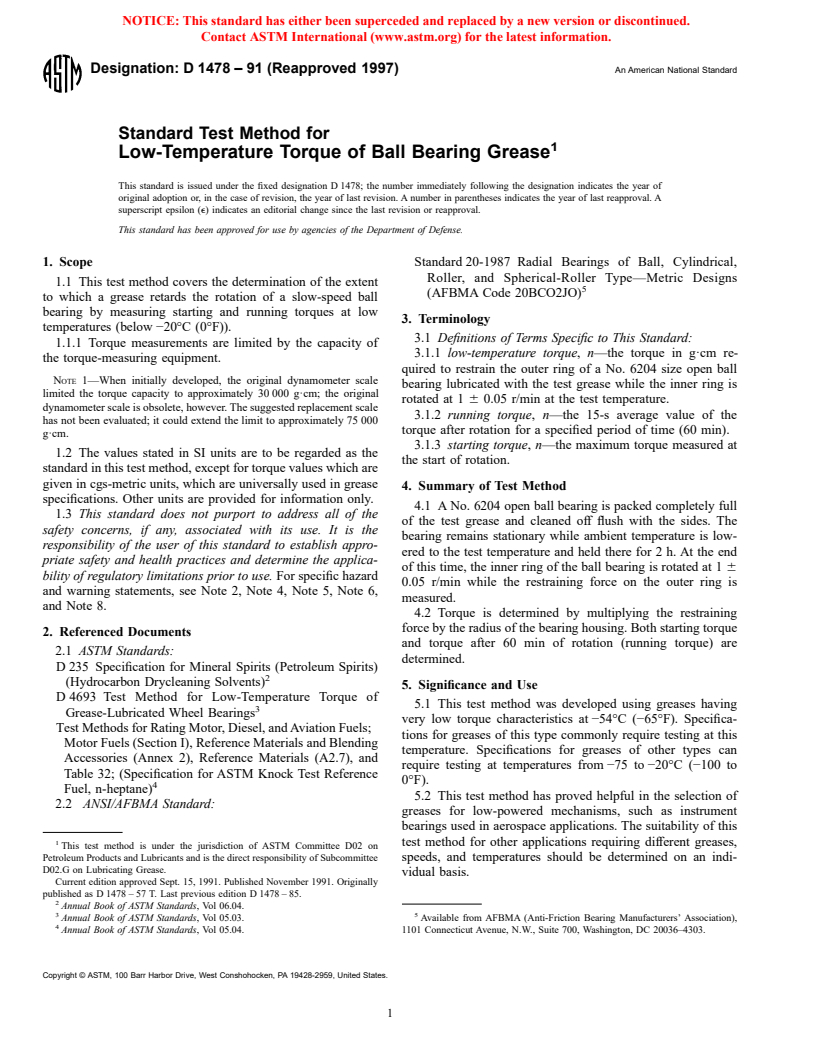 ASTM D1478-91(1997) - Standard Test Method for Low-Temperature Torque of Ball Bearing Grease