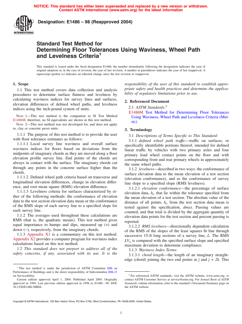 ASTM E1486-98(2004) - Standard Test Method for Determining Floor Tolerances Using Waviness, Wheel Path and Levelness Criteria