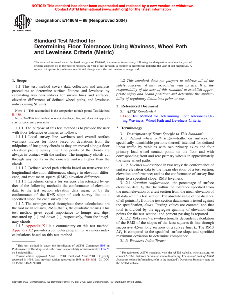 ASTM E1486M-98(2004) - Standard Test Method for Determining Floor Tolerances Using Waviness, Wheel Path and Levelness Criteria [Metric]