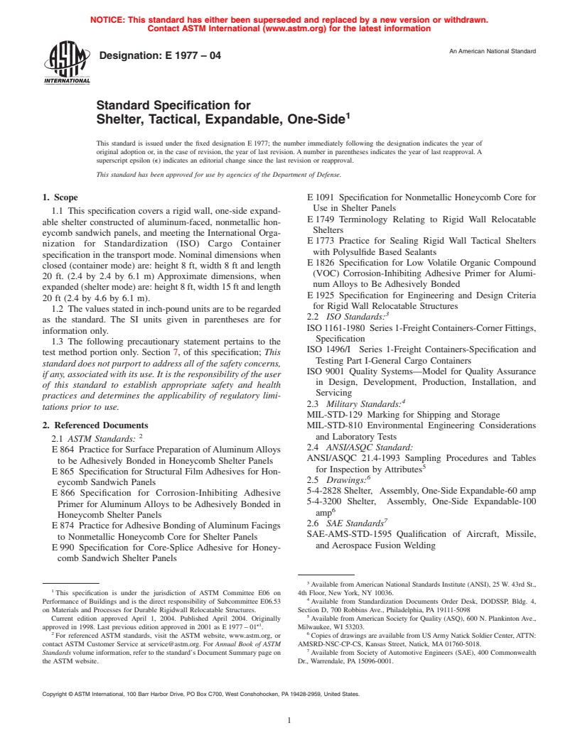 ASTM E1977-04 - Standard Specification for Shelter, Tactical, Expandable, One-Side