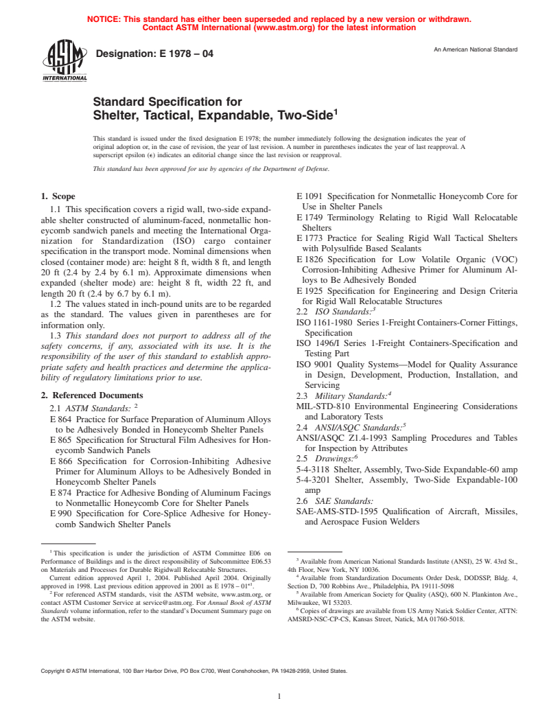 ASTM E1978-04 - Standard Specification for Shelter, Tactical, Expandable, Two-Side