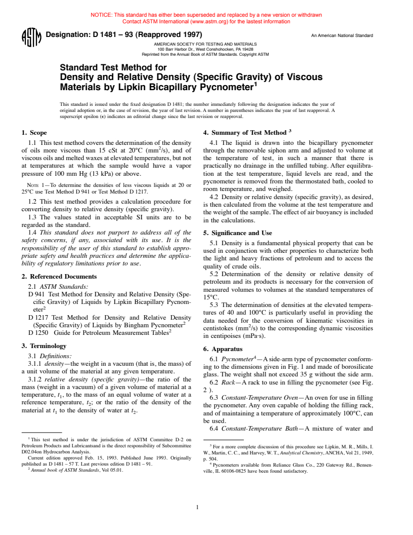 ASTM D1481-93(1997) - Standard Test Method for Density and Relative Density (Specific Gravity) of Viscous Materials by Lipkin Bicapillary Pycnometer