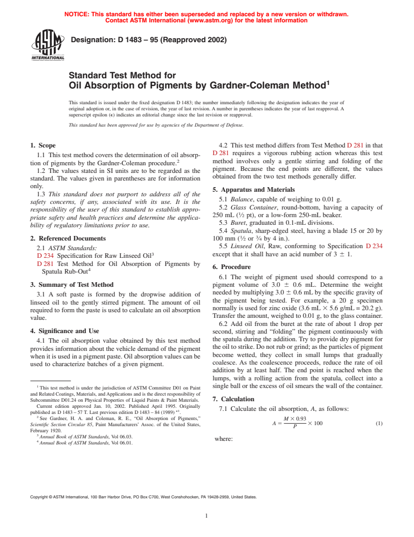 ASTM D1483-95(2002) - Standard Test Method for Oil Absorption of Pigments by Gardner-Coleman Method