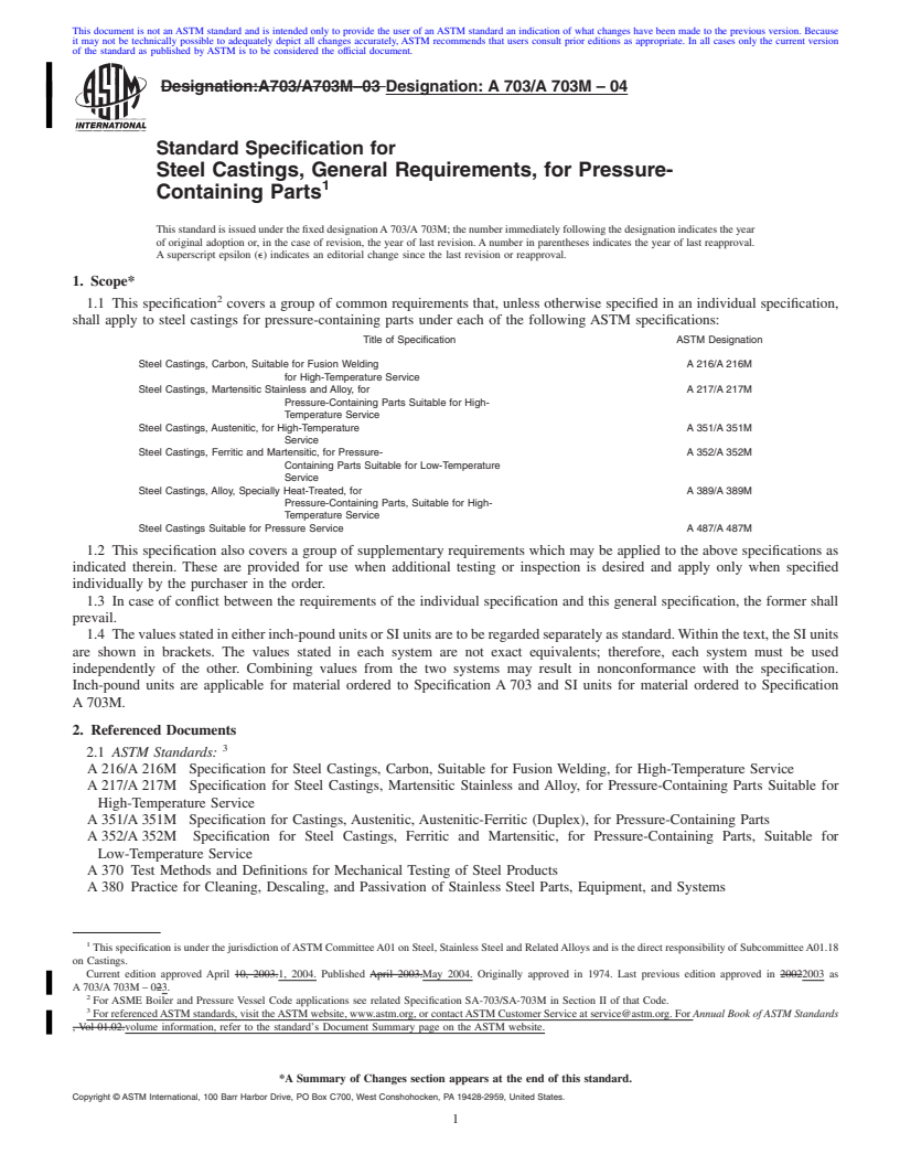 REDLINE ASTM A703/A703M-04 - Standard Specification for Steel Castings, General Requirements, for Pressure-Containing Parts