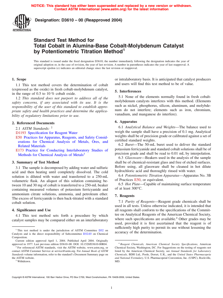 ASTM D3610-00(2004) - Standard Test Method for Total Cobalt In Alumina-Base Cobalt-Molybdenum Catalyst by Potentiometric Titration Method