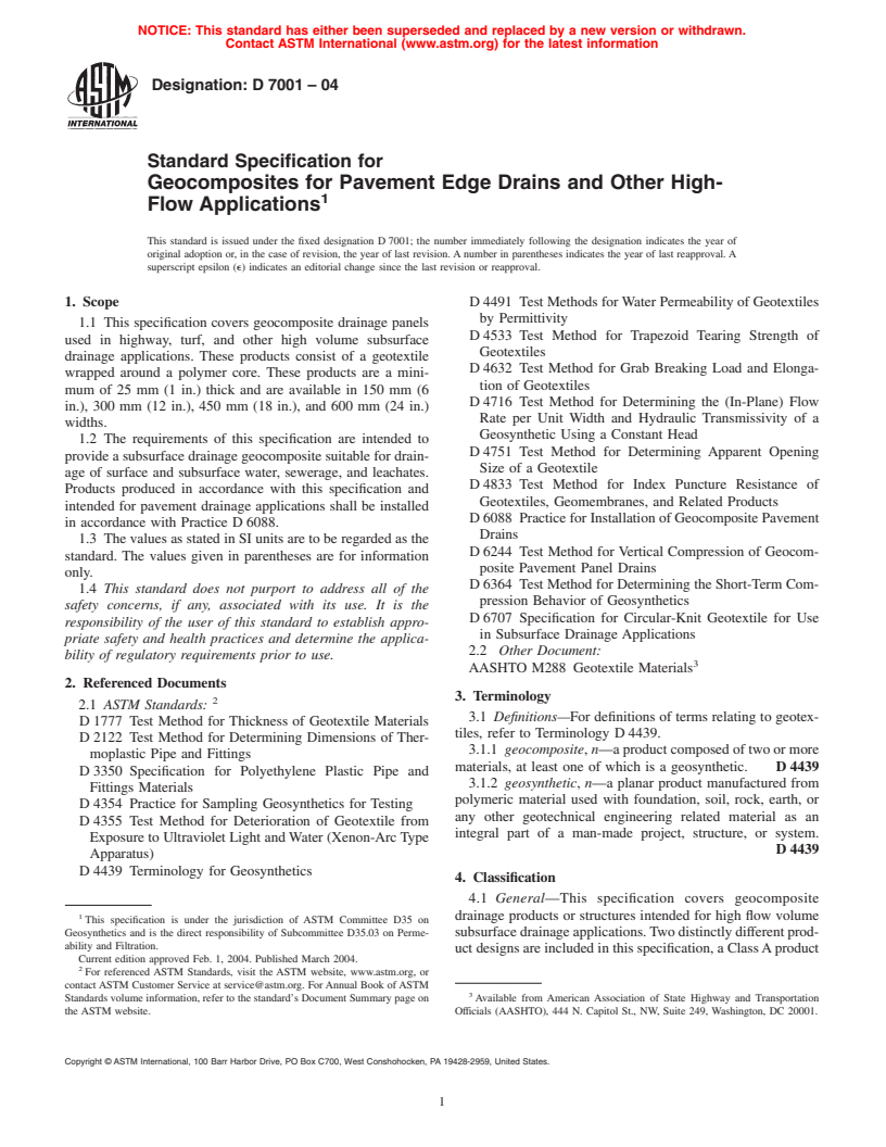 ASTM D7001-04 - Standard Specification for Geocomposites for Pavement Edge Drains and Other High-Flow Applications