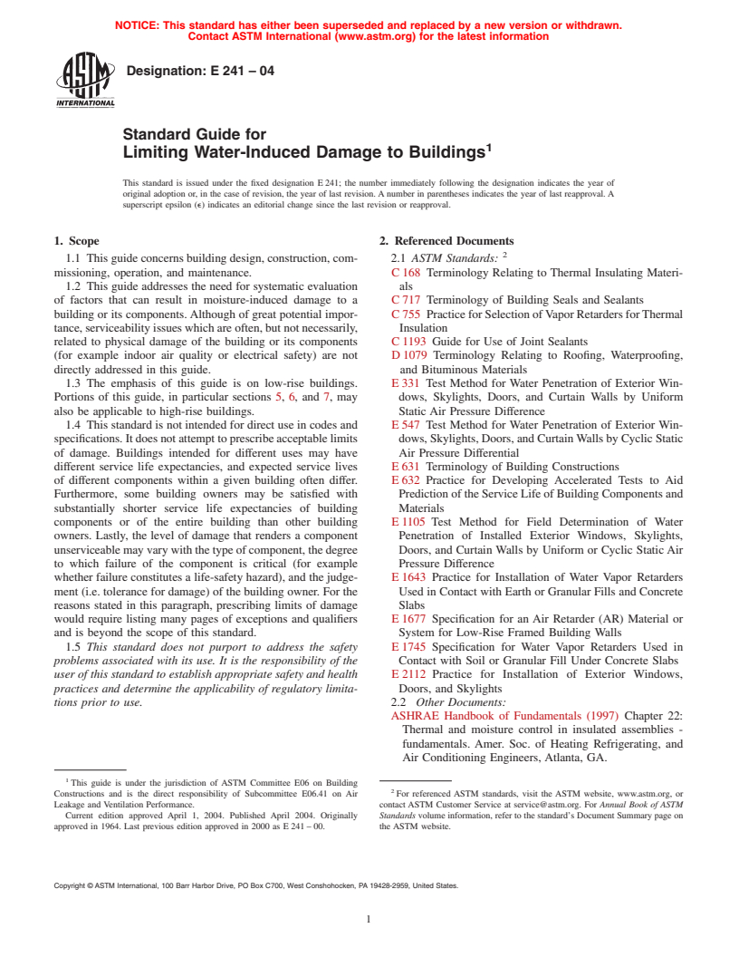 ASTM E241-04 - Standard Guide for Limiting Water-Induced Damage to Buildings