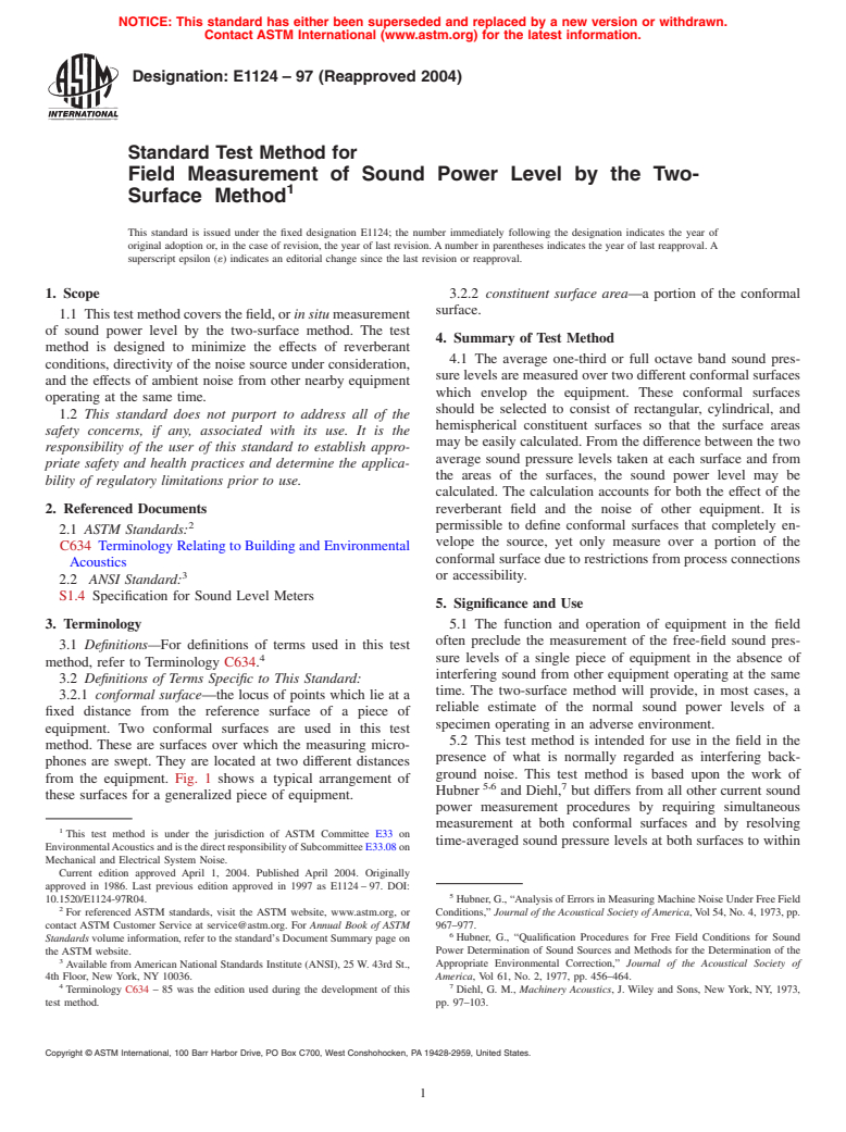 ASTM E1124-97(2004) - Standard Test Method for Field Measurement of Sound Power Level by the Two-Surface Method