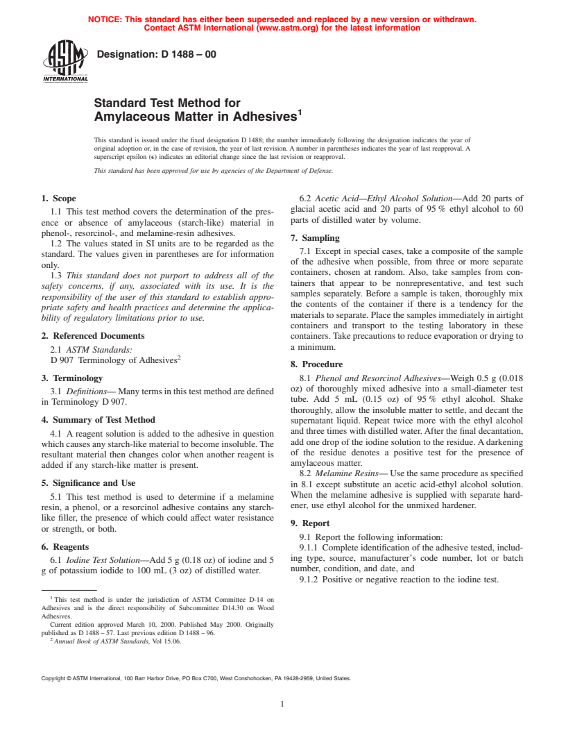 ASTM D1488-00 - Standard Test Method for Amylaceous Matter in Adhesives