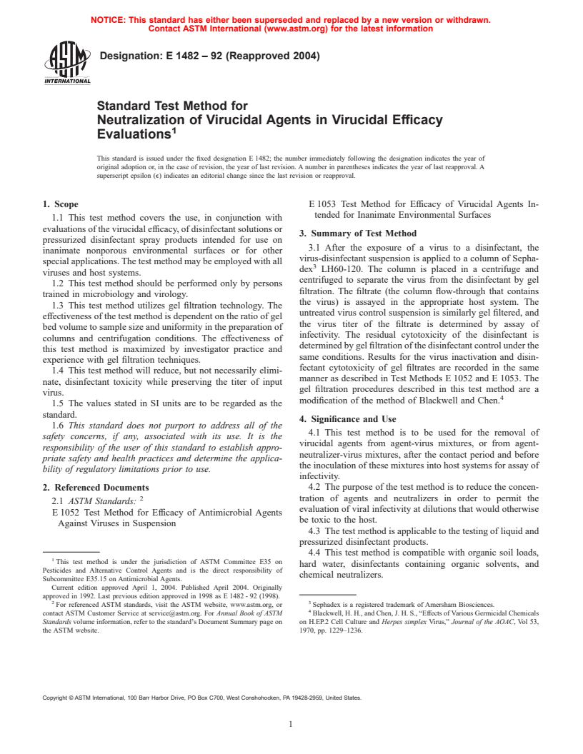 ASTM E1482-92(2004) - Standard Test Method for Neutralization of Virucidal Agents in Virucidal Efficacy Evaluations