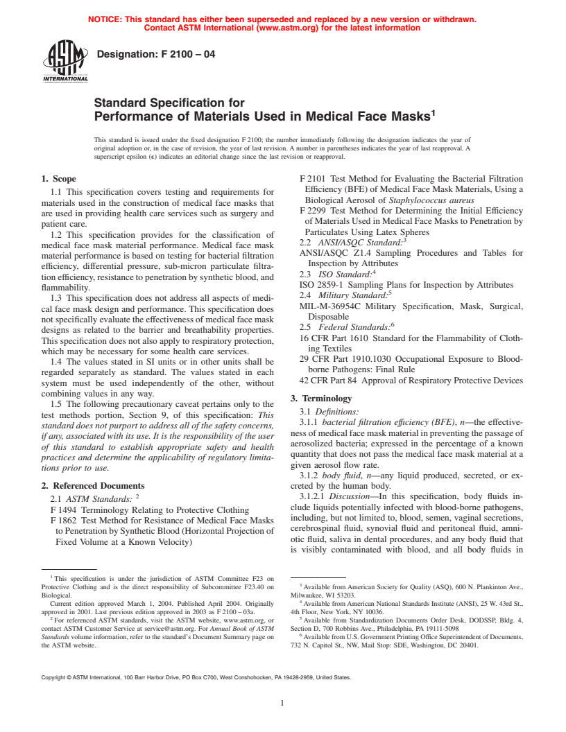 ASTM F2100-04 - Standard Specification for Performance of Materials Used in Medical Face Masks