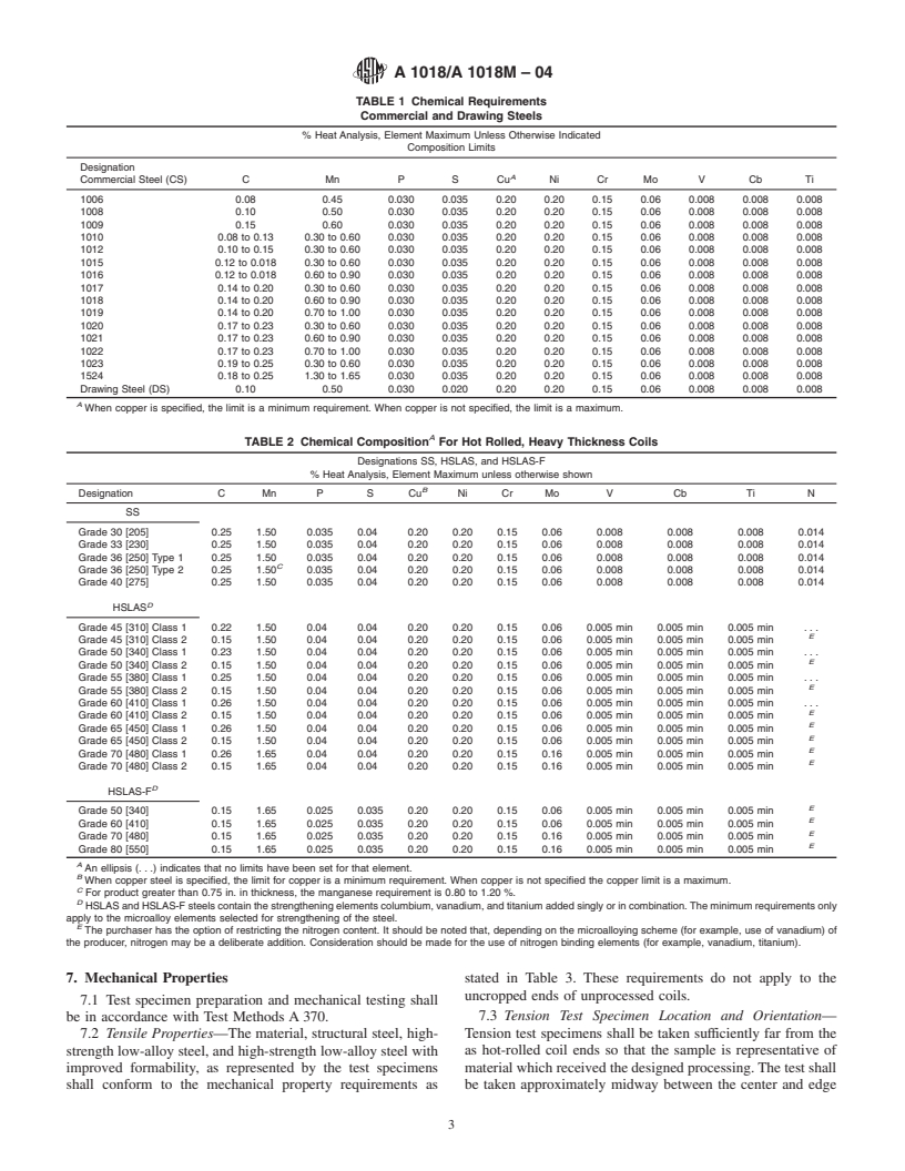 ASTM A1018/A1018M-04 - Standard Specification for Steel, Sheet and Strip, Heavy-Thickness Coils, Hot-Rolled, Carbon, Commercial, Drawing, Structural, High-Strength Low-Alloy, and High-Strength Low-Alloy with Improved Formability