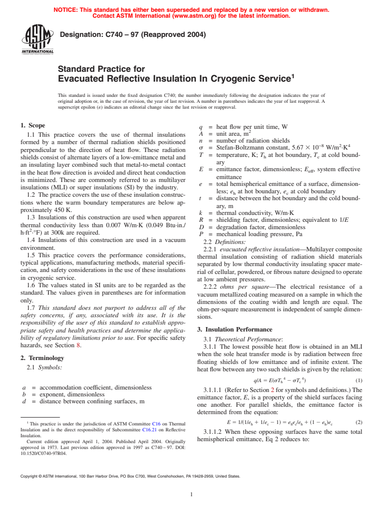 ASTM C740-97(2004) - Standard Practice for Evacuated Reflective Insulation In Cryogenic Service