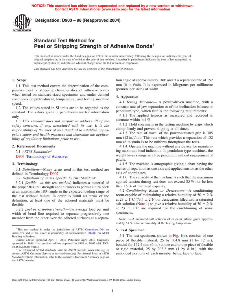 ASTM D903-98(2004) - Standard Test Method for Peel or Stripping Strength of Adhesive Bonds