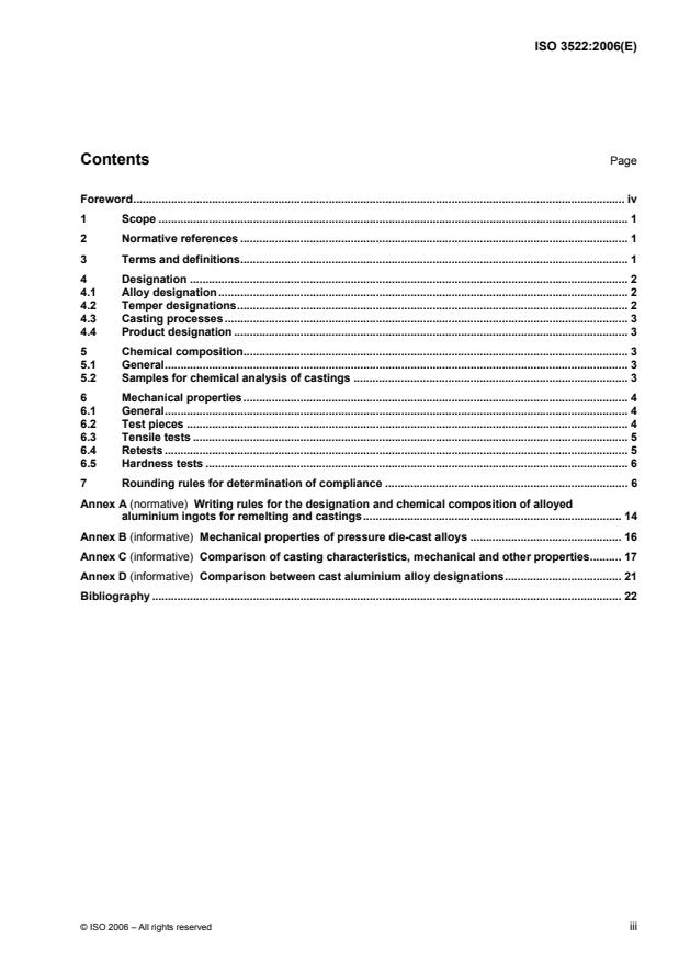 ISO 3522:2006 - Aluminium and aluminium alloys -- Castings -- Chemical composition and mechanical properties