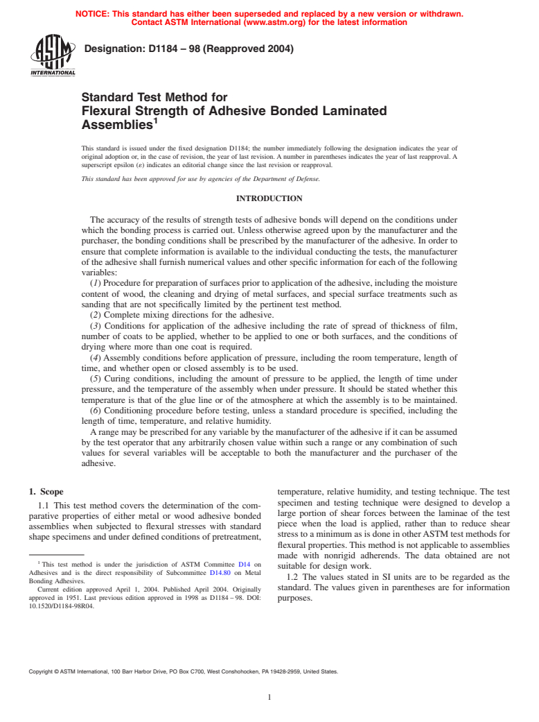 ASTM D1184-98(2004) - Standard Test Method for Flexural Strength of Adhesive Bonded Laminated Assemblies