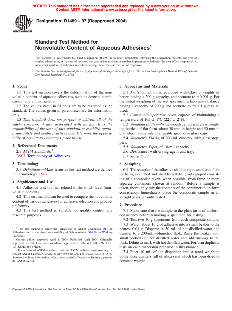 ASTM D1489-97(2004) - Standard Test Method for Nonvolatile Content of Aqueous Adhesives