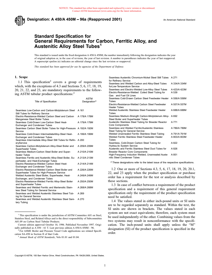 ASTM A450/A450M-96a(2001) - Standard Specification for General Requirements for Carbon, Ferritic Alloy, and Austenitic Alloy Steel Tubes