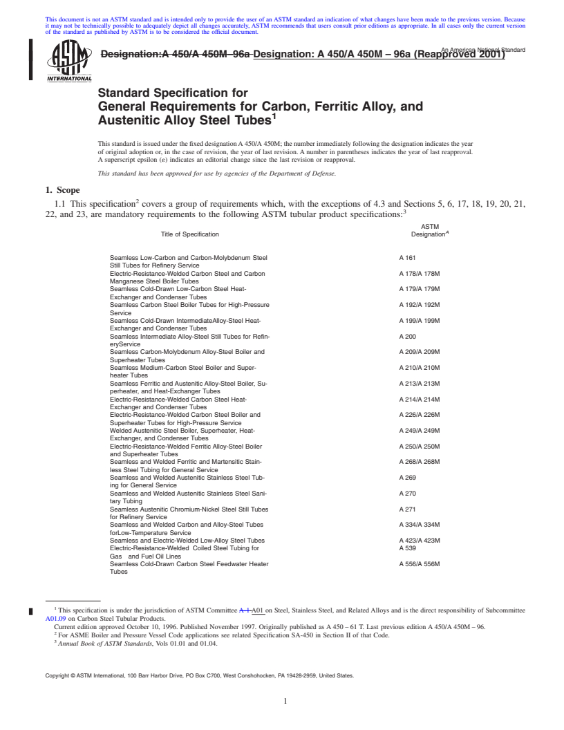 REDLINE ASTM A450/A450M-96a(2001) - Standard Specification for General Requirements for Carbon, Ferritic Alloy, and Austenitic Alloy Steel Tubes